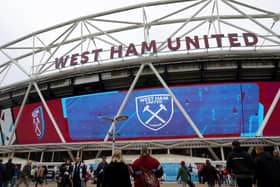 LONDON, ENGLAND - MAY 01: A general view as fans gather outside of the London Stadium prior to kick off of the Premier League match between West Ham United and Arsenal at London Stadium on May 01, 2022 in London, England. (Photo by Julian Finney/Getty Images)