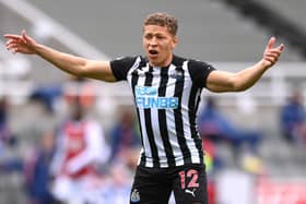 Dwight Gayle  of Newcastle reacts during the Premier League match between Newcastle United and Arsenal at St. James Park on May 02, 2021 in Newcastle upon Tyne, England.