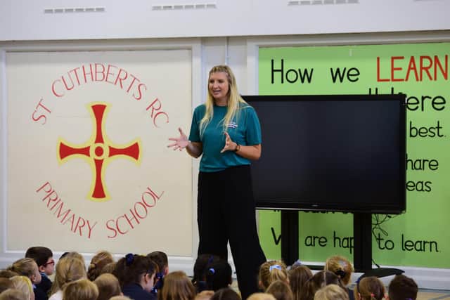 Olympic champion Rebecca Adlington addressed St Cuthbert's pupils at assembly. Picture by Kevin Brady.