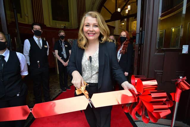 Theatre director Marie Nixon cutting the ribbon at the reopening of the Sunderland Empire after 18 months closed due to the pandemic