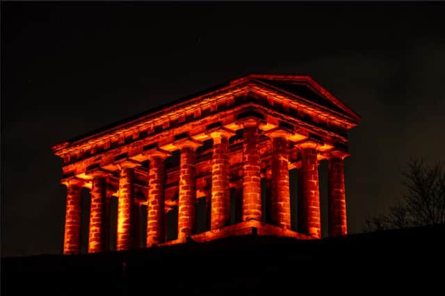 Penshaw Monument was lit up to show solidarity with Ukraine and its refugees. Picture from Dale Gillett, Good Cause Comms.