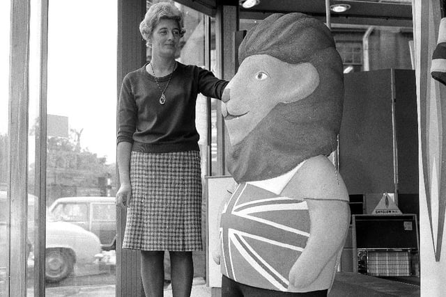 Mrs Spencer and the World Cup mascot in the window of the Gas Office in Fawcett Street in July 1966. Picture: Bill Hawkins.