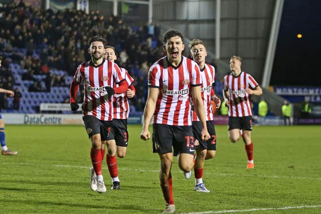 SHREWSBURY, ENGLAND - JANUARY 07:  Luke O'Nien of Sunderland celebrates scoring the winner during the FA Cup third round match between Shrewsbury Town and Sunderland at Montgomery Waters Meadow on January 7, 2023 in Shrewsbury, England. (Photo by Ian Horrocks/Sunderland AFC via Getty Images)