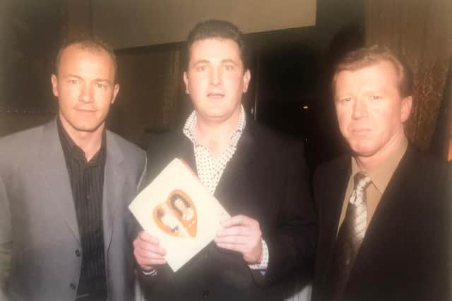 Paul Gough (centre) with Newcastle Utd star Alan Shearer (left) and then-Middlesbrough boss Steve McClaren