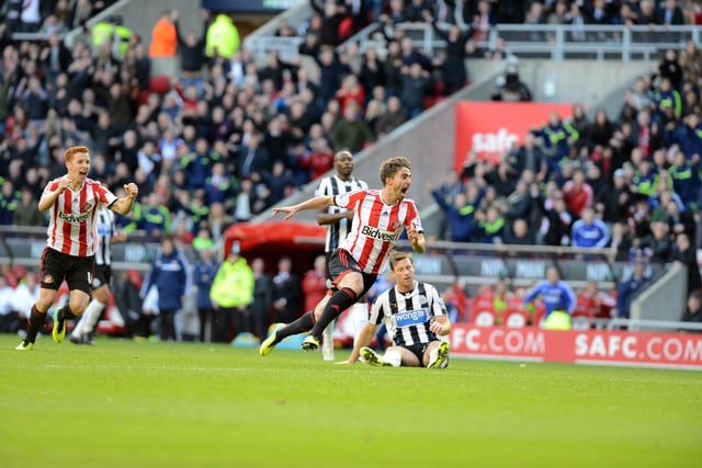 Fabio Borini celebrates scoring the second goal for Sunderland against Newcastle in 2013. Sunderland won 2-1 in Gus Poyet's first home match.
