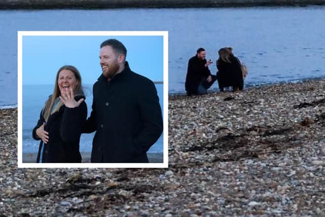 Amanda Davison is delighted with her engagement ring, presented to her by Ian Moore during a surprise proposal on Roker Beach.