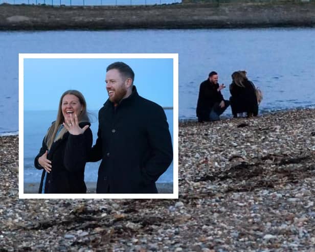 Amanda Davison is delighted with her engagement ring, presented to her by Ian Moore during a surprise proposal on Roker Beach.