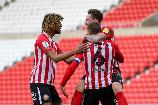 Sunderland celebrate the opening goal of the game against Lincoln City.