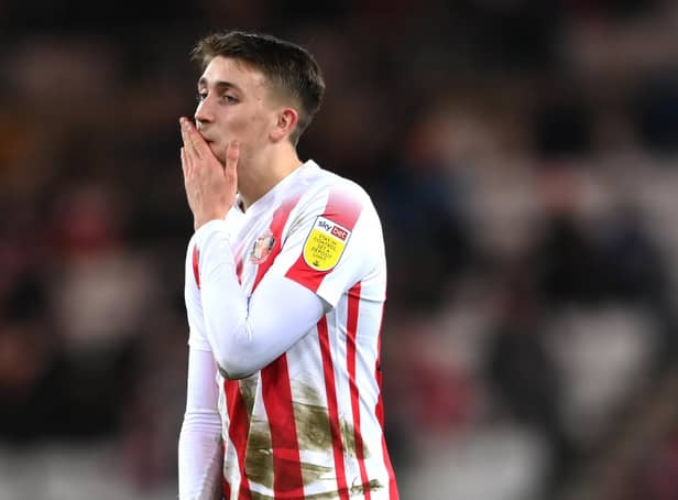 SUNDERLAND, ENGLAND - JANUARY 11: Dan Neil of Sunderland reacts during the Sky Bet League One match between Sunderland and Lincoln City at Stadium of Light on January 11, 2022 in Sunderland, England. (Photo by Stu Forster/Getty Images)