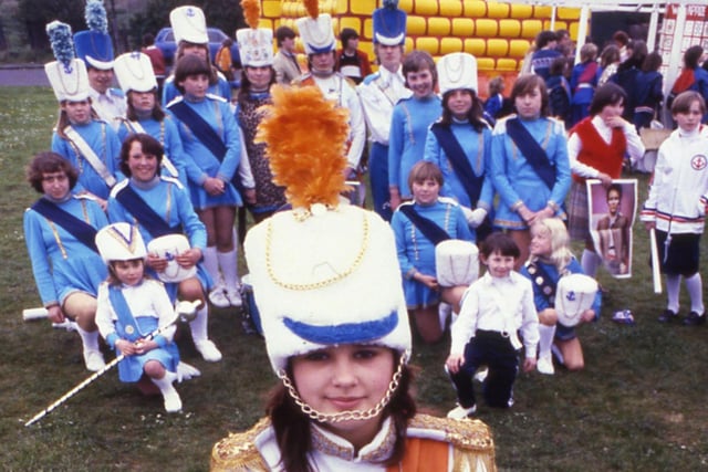 Drum majorette Michelle Tully pictured with fellow members at a juvenile jazz band parade through Seaham in 1981.