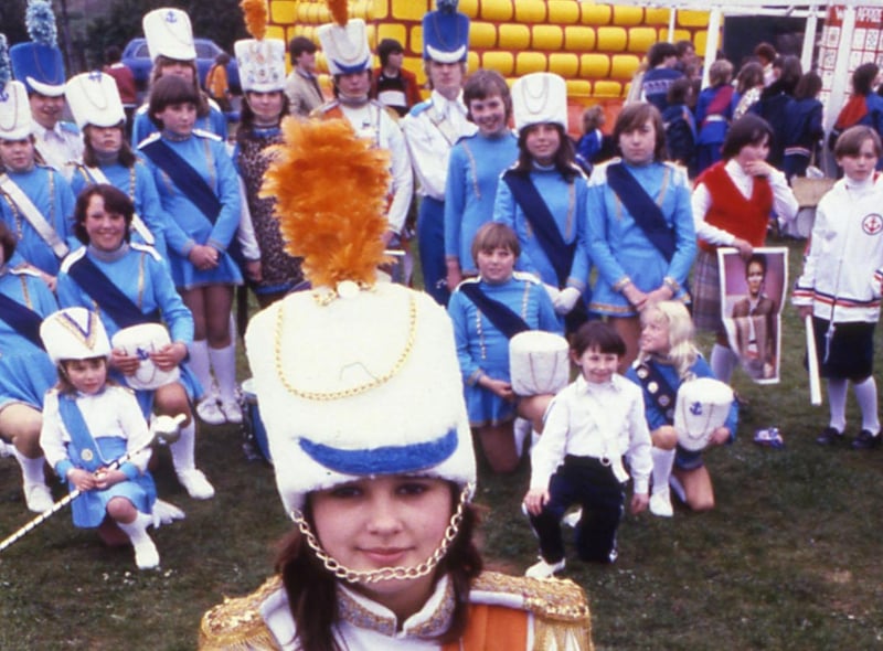 Drum majorette Michelle Tully pictured with fellow members at a juvenile jazz band parade through Seaham in 1981.
