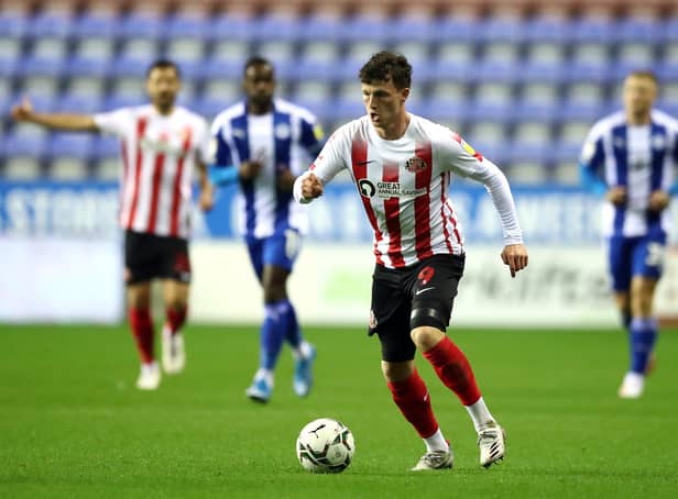 WIGAN, ENGLAND - SEPTEMBER 21: Nathan Broadhead of Sunderland controls the ball during the Carabao Cup Third Round match between Wigan Athletic and Sunderland at DW Stadium on September 21, 2021 in Wigan, England. (Photo by Jan Kruger/Getty Images)