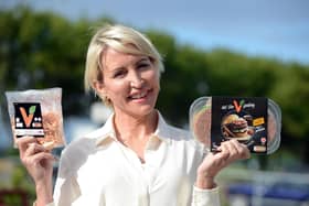 Heather Mills with products made by her VBites company. Her Peterlee site has started production of burgers, as well as fishless fillets.