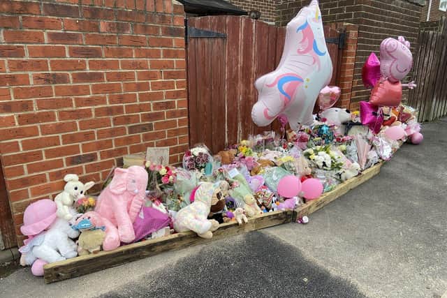 Flowers and messages left outside a house in Milton Grove, Shotton Colliery, following the death of Maya Louise Chappell last week. A 26-year-old man is due in court after he was charged with her murder.