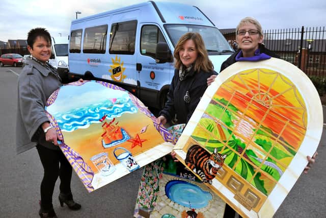Murals in memory of Peter Lane were handed over to Southwick Community Primary School, pictured ( left to right)  Julie Reay, Pauline Walmsley, communitty manager at the school and Janet Gibson, nursery nurse.