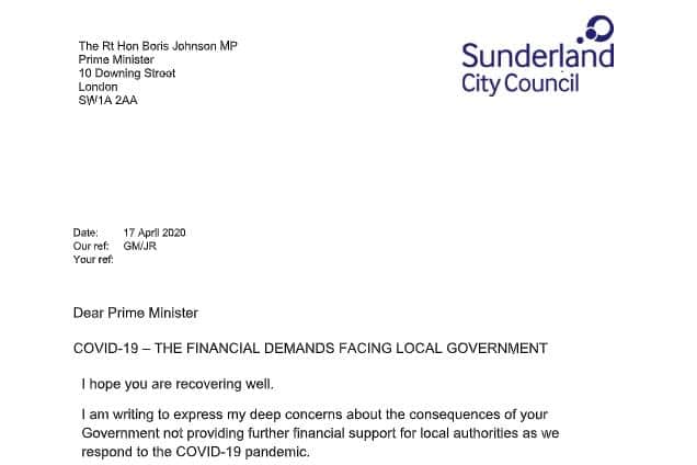 The letter from Sunderland City Council's leader to Prime Minister Boris Johnson