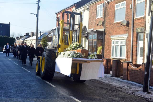 Tony Carr being carried to his funeral at All Saints Church, Wheatley Hill.
