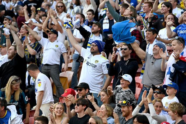 BRISBANE, AUSTRALIA - JULY 17: The Leeds United fans show their support during the 2022 Queensland Champions Cup match between Aston Villa and Leeds United at Suncorp Stadium on July 17, 2022 in Brisbane, Australia. (Photo by Bradley Kanaris/Getty Images)
