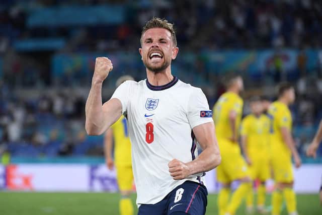 Jordan Henderson of England celebrates after scoring their side's fourth goal during the UEFA Euro 2020 Championship Quarter-final match between Ukraine and England.