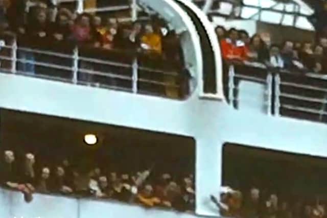 Cine film footage of the Nevasa leaving Sunderland. This is a still from the film showing schoolchildren on board the ship, shared with us by David Wingate and originally recorded by his father Bob.