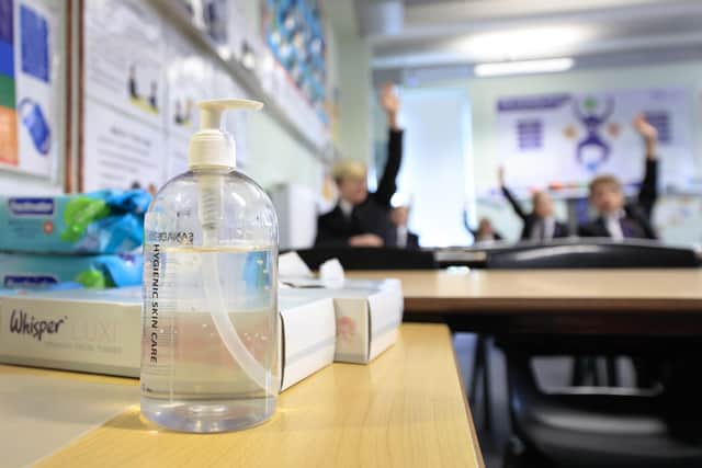 Hand sanitiser in a classroom after schools reopened.