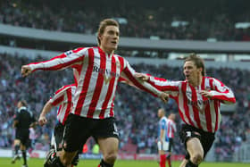 Dean Whitehead of Sunderland celebrates his goal during the Barclays Premiership match agains Portsmouth at the Stadium of Light on October 29, 2005.