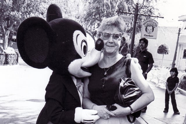 Mrs Mima Belcher, School Lane, Greenhill Village, Sheffield, met Mickey Mouse at Disneyland  on a Mark the Ball California trip 1979