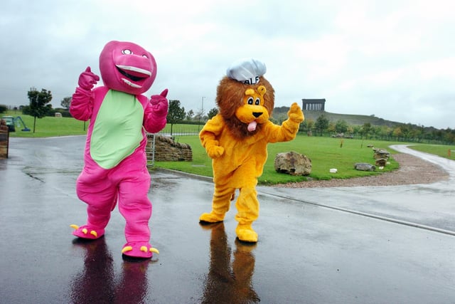 Last minute training for two of the mascots preparing for the 2010 Race for Grace.  Barney the Dinosaur was showing the route around Herrington Country Park to ALF the Alnwick Local Food Mascot .