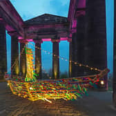 Odysseus' Greek galley ship weighs anchor at Penshaw Monument to promote a production of The Odyssey at the Fire Station.