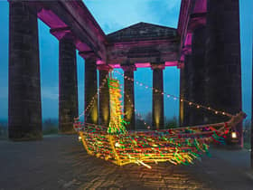 Odysseus' Greek galley ship weighs anchor at Penshaw Monument to promote a production of The Odyssey at the Fire Station.