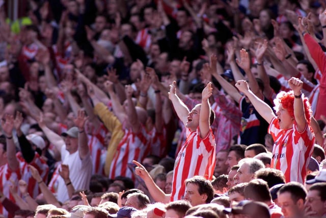 Sunderland fans celebrate the equalizer during the Premiership match between Aston Villa and Sunderland at Villa Park back in 2000
