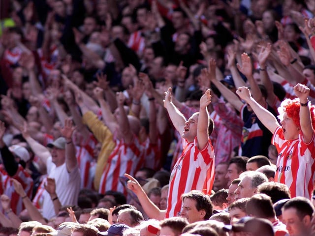 Sunderland fans celebrate the equalizer during the Premiership match between Aston Villa and Sunderland at Villa Park back in 2000