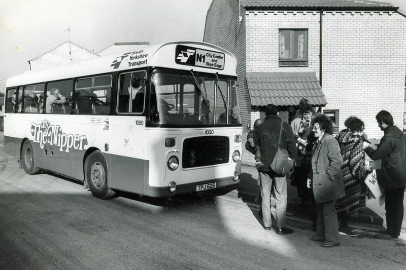 Making an appearance on the Sheffield roads for the first time is the new Nipper service.  Councillors and officials take a ride on the bus that will come into service on February 28, 1983