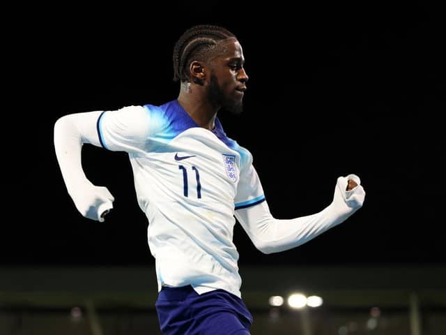 Samuel Iling-Junior celebrates scoring twice for England Under-20s against Germany (Photo by Matt McNulty/Getty Images)