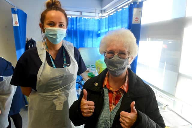 Practice nurse Leanne Crane with patient Linda Savage who celebrated her 73rd birthday on the day she got her vaccine.