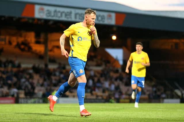Portsmouth's newest signing Aiden O'Brien scoring against Port Vale (Photo by Lewis Storey/Getty Images)