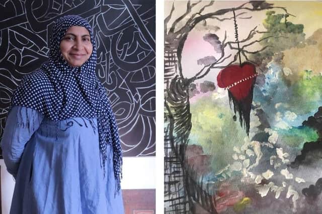 Roohia Syed-Ahmed with some of her work  and artwork produced by Parvin Abdur for the Srijoni project at Arts Centre Washington.