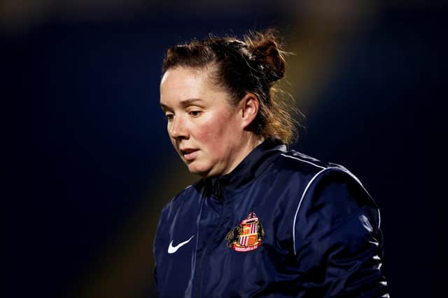CHESTERFIELD, ENGLAND - OCTOBER 14: Melanie Reay, Head Coach of Sunderland Ladies looks on ahead of the FA Women's Continental Tyres League Cup match between Sheffield United Women and Sunderland Ladies at Technique Stadium on October 14, 2021 in Chesterfield, England. (Photo by Naomi Baker/Getty Images)