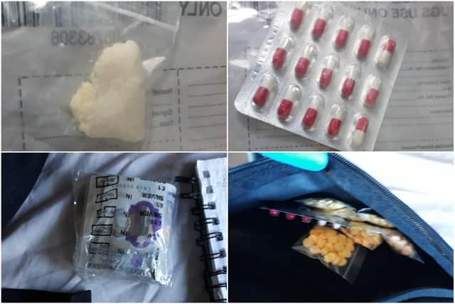 Officers seized suspected amphetamine and cannabis along with prescription drugs including Pregabalin and Diazepam