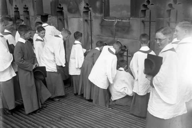 Durham Cathedral Choir on the roof of the tower in 1936.