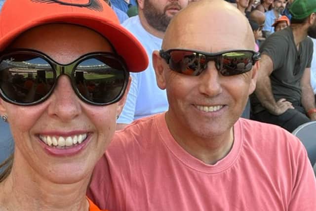 Marc and his wife Fiona at a Perth Scorchers cricket game last month.
