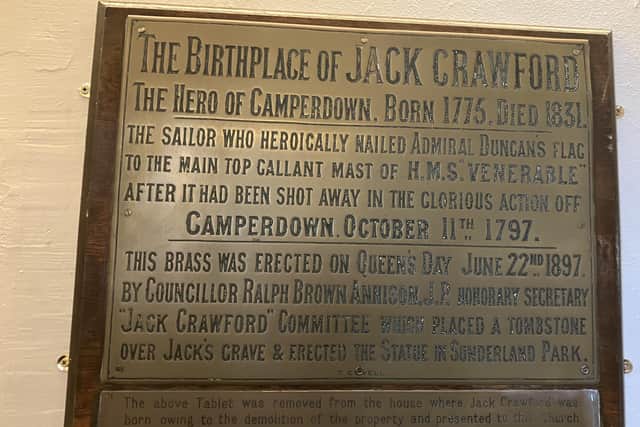 The plaque which signified the birth place of Jack Crawford and now sits outside the vestry door in Seventeen-Nineteen.