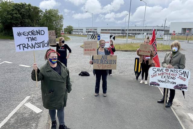Protesters Louise Brown, Yvonne Wallace, Lucy Dixon, Jo Thom, Kim Sanderson and Robina Jacobson at the gates of Nissan last month.