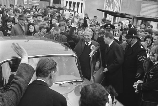 We are going back to March 1966 for this view of Edward Heath. He is pictured waving to the crowds and also addressed an audience from the roof of a van off Union Street.