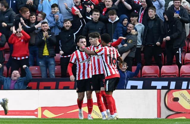 Sunderland players celebrate after scoring against Birmingham City.