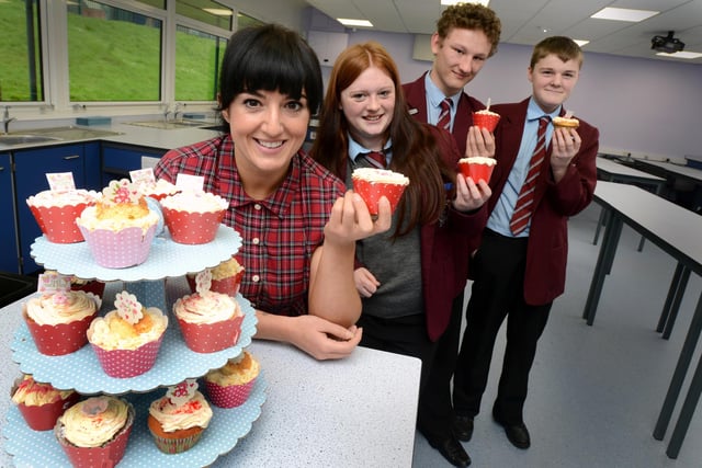Celebrity cook Stacie Stewart joined Thornhill School Year 10 pupils in 2014 when she opened the school's food section.Here are, left to right; Rebecca Scott, Justin Douglass and Brandon Carr.