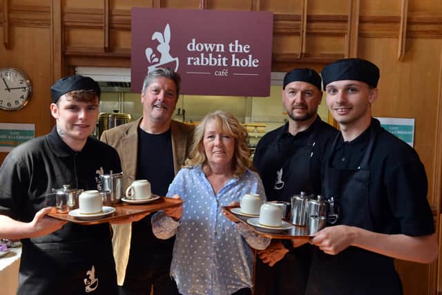 The Sunderland Minster new cafe called Down the Rabbit Hole in partnership with North East Autism Society. CEO NEAS John Phillipson and Chris Dempster the Director of Education with students from Thornhill Park School and staff.