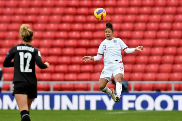 Demi Stokes in action for England in a win against Austria at the Stadium of Light. Sunderland Echo image.