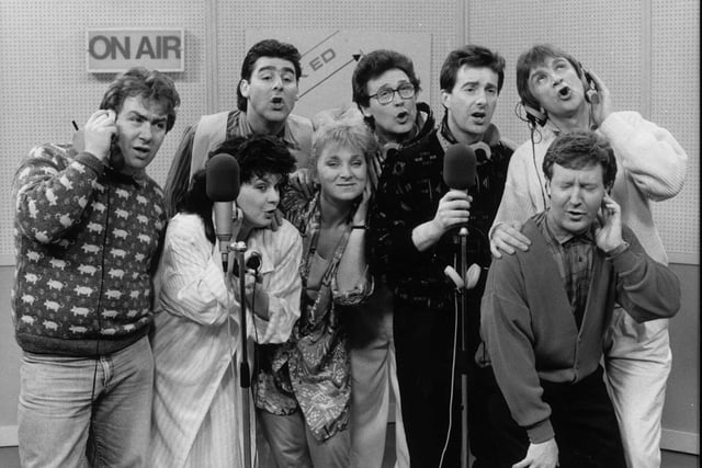 Andy on scene with the cast of Naked Video, a BBC Scotland sketch show that was aired on BBC Two from May 1986 to November 1991. 
From Left to right: GREGOR FISHER, ELAINE C SMITH, ANDY GRAY, HELEN LEDERER, TONY ROPER, JOHN SPARKES,  JONATHAN WATSON, RON BAIN