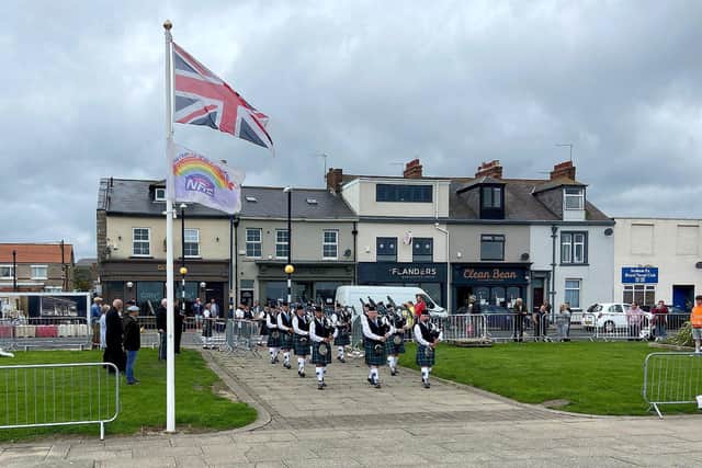 Pipers and drummers from the Houghton-Le-Spring pipe band lead the parade at the start of the Armed Forces Day service.